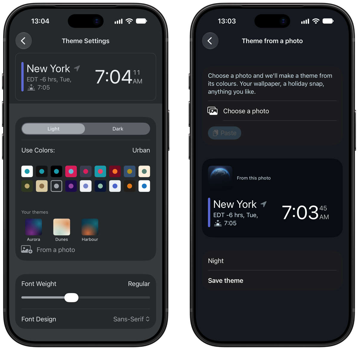 Theme Settings on iPhone showing the new colour swatches, next to the Theme from a photo screen