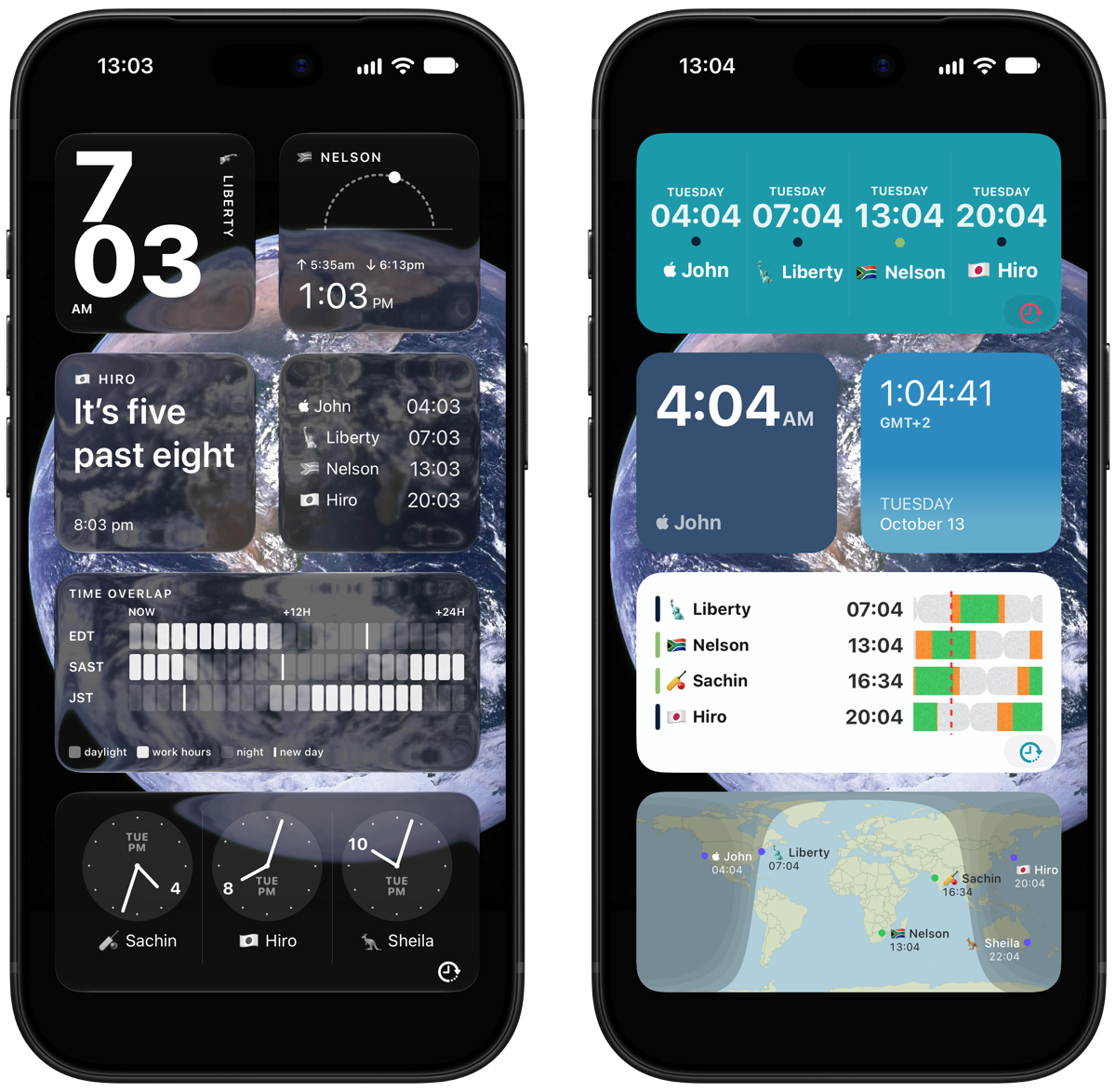 Two iPhone Home Screens full of World Time Widget widgets, including Fuzzy Time, Sun Arc, Big Time and Time Overlap