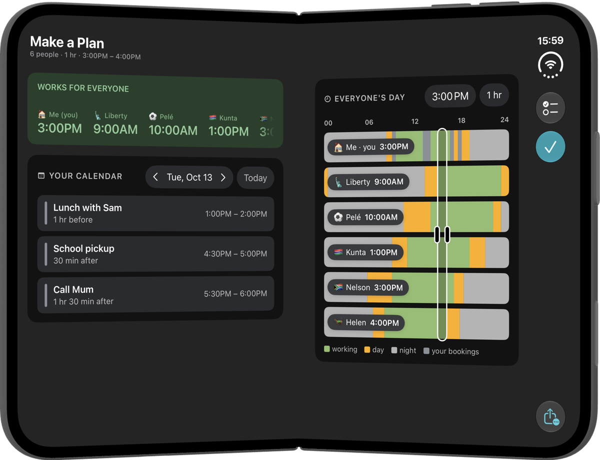 The meeting planner open on iPhone Duo, with the verdict and your calendar on the left and everyone’s day on the right