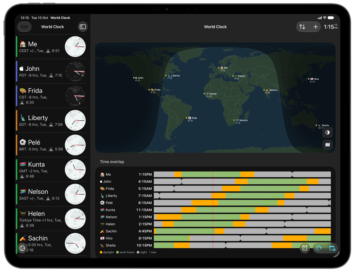 World Time Widget on iPad, with the clock list in a sidebar and a world map with a day/night shadow above the time overlap