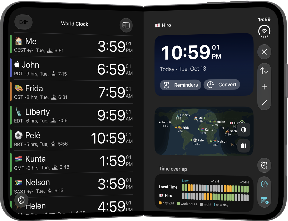iPhone Duo open, showing one clock’s detail page, with its time, map and time overlap, next to the clock list