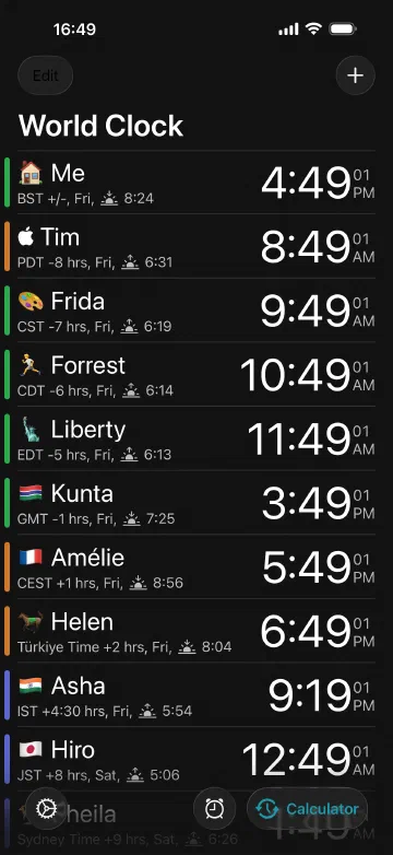 Your people, your labels. Every clock shows whether it is day or night where they are.